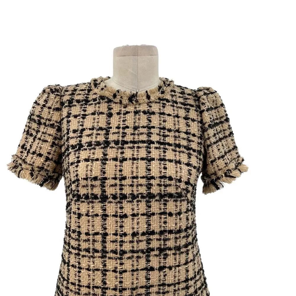 Kate Spade Two-Tone Tweed Dress Shift‎ Mini Check Plaid Tan Black Size US 2 - Picture 3 of 14